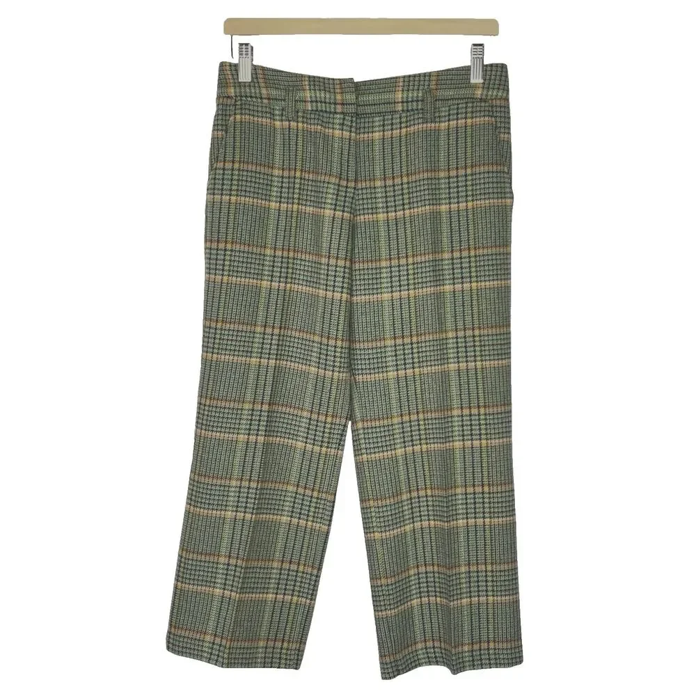 Sisley Womens 42 Small Green Plaid 25 % Wool Blend Cropped Pants Boho Retro Chic - Picture 1 of 16